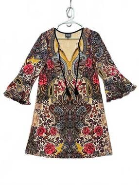 eci New York Womens Paisley Boho Bell Sleeve Dress Yellow Pink Small